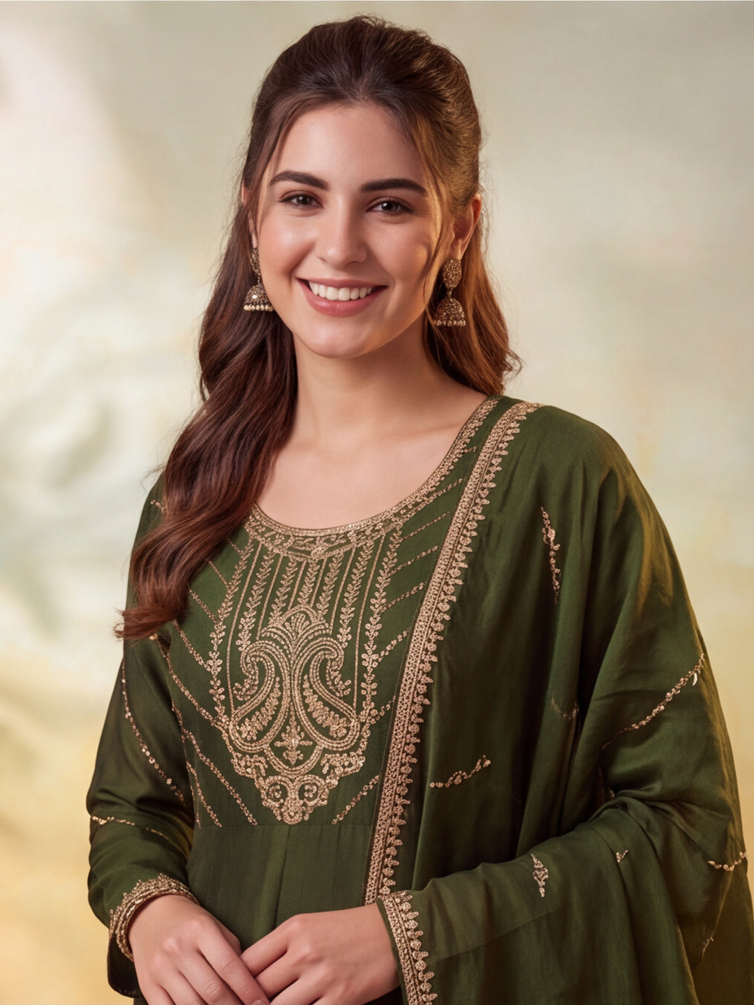 Women Embroidery Mehndi Green Kurta Set with Dupatta