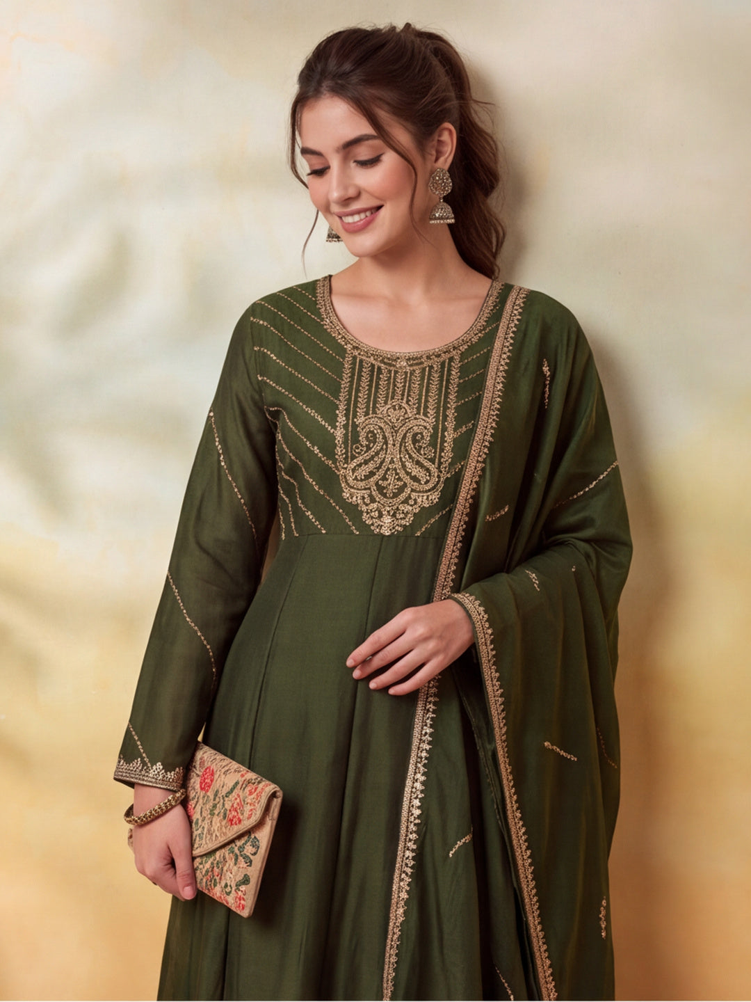 Women Embroidery Mehndi Green Kurta Set with Dupatta