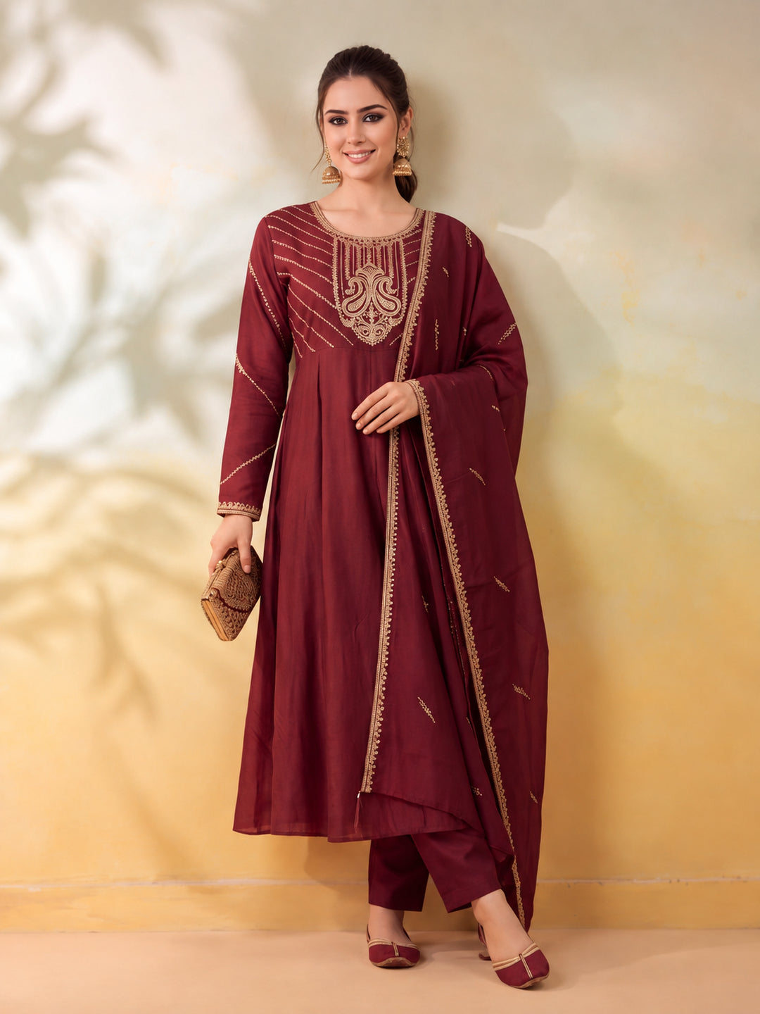 Women Embroidery Maroon Kurta Set with Dupatta