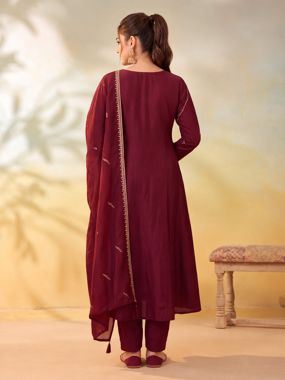 Women Embroidery Maroon Kurta Set with Dupatta