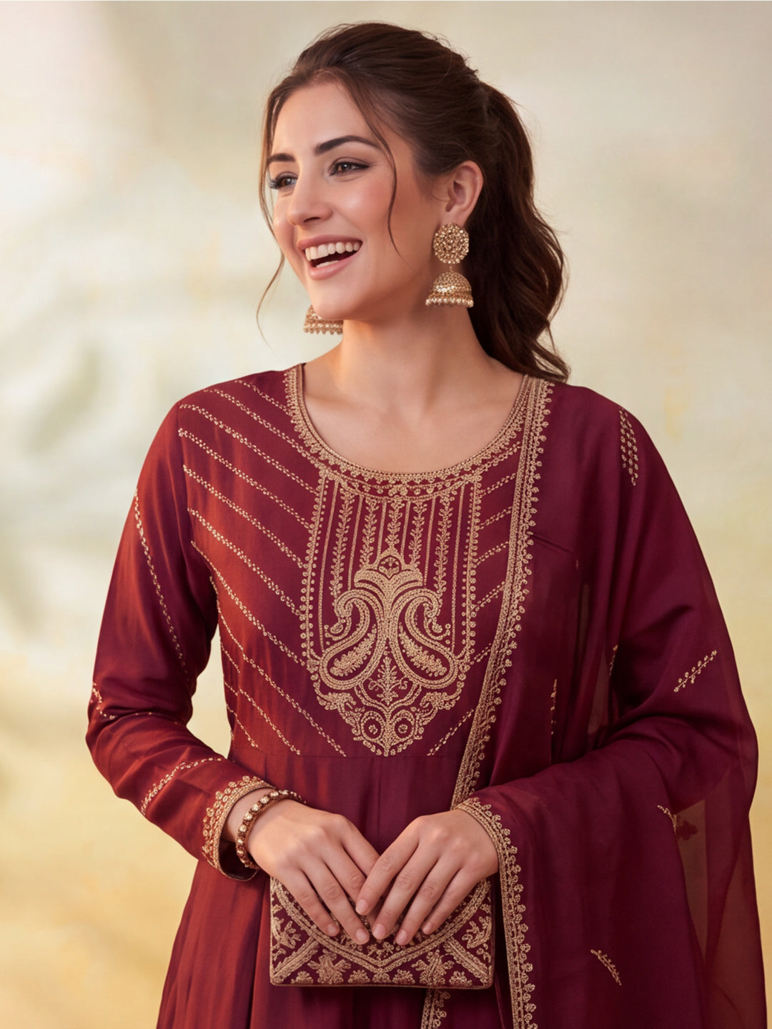Women Embroidery Maroon Kurta Set with Dupatta