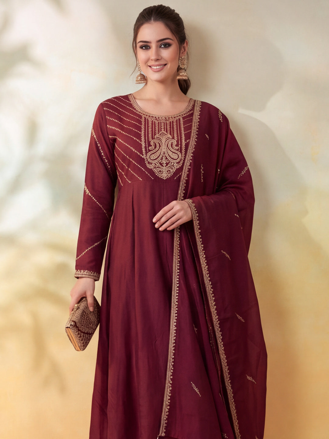 Women Embroidery Maroon Kurta Set with Dupatta