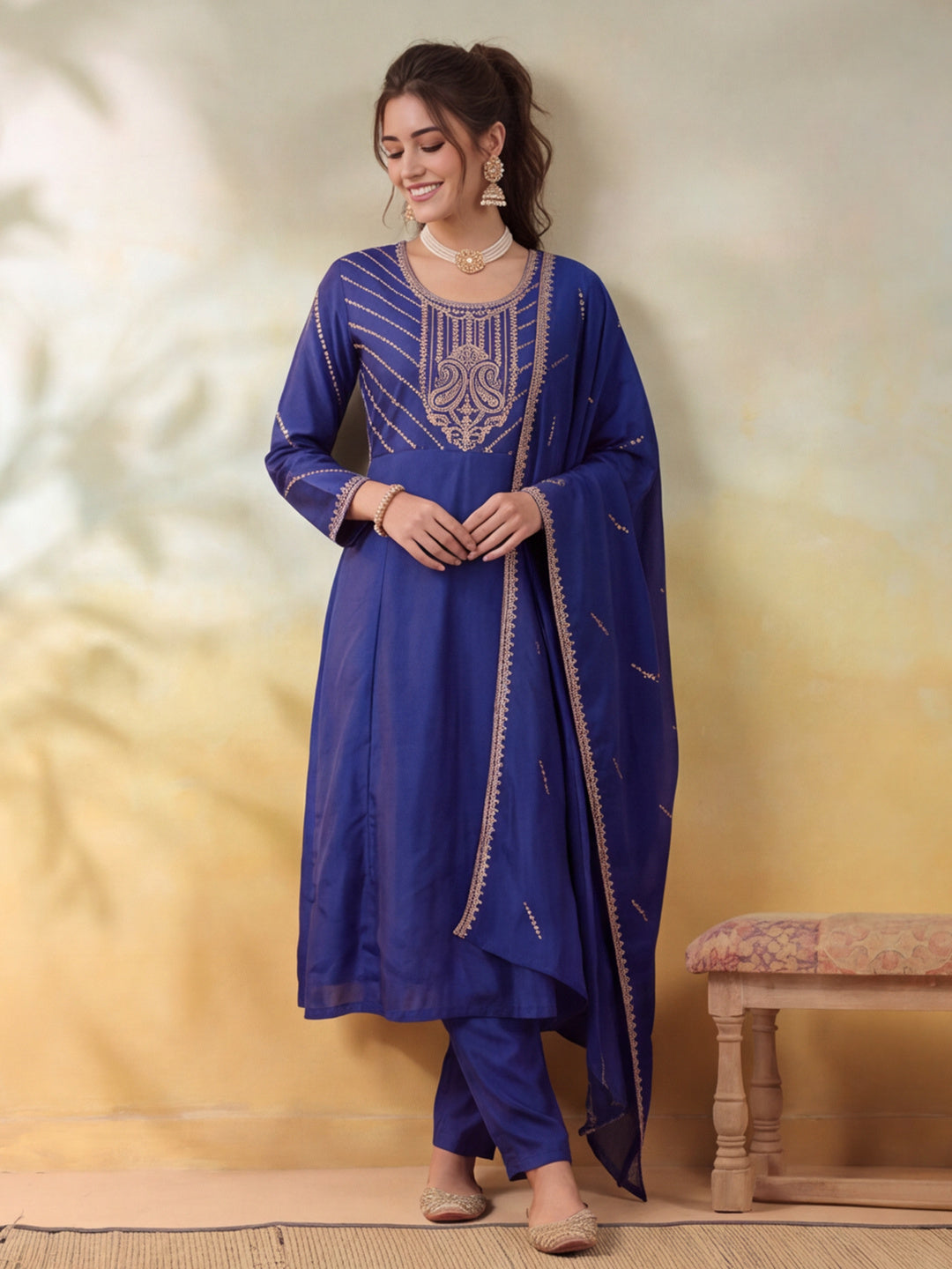 Women Embroidery Royal Blue Kurta Set with Dupatta