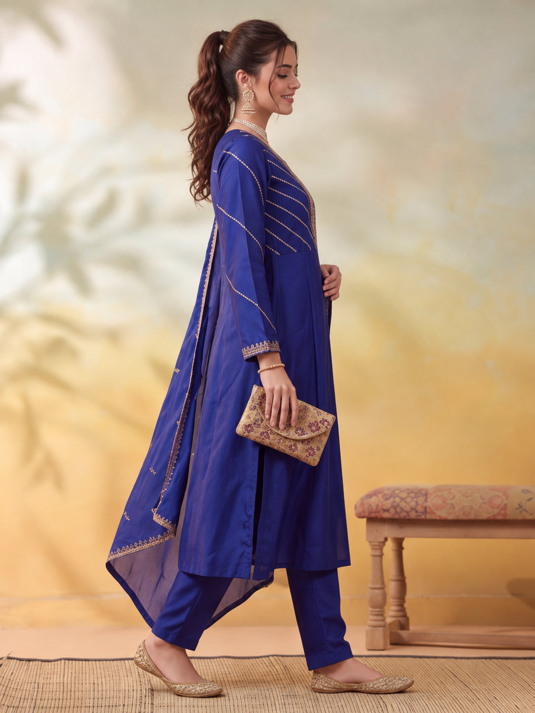 Women Embroidery Royal Blue Kurta Set with Dupatta