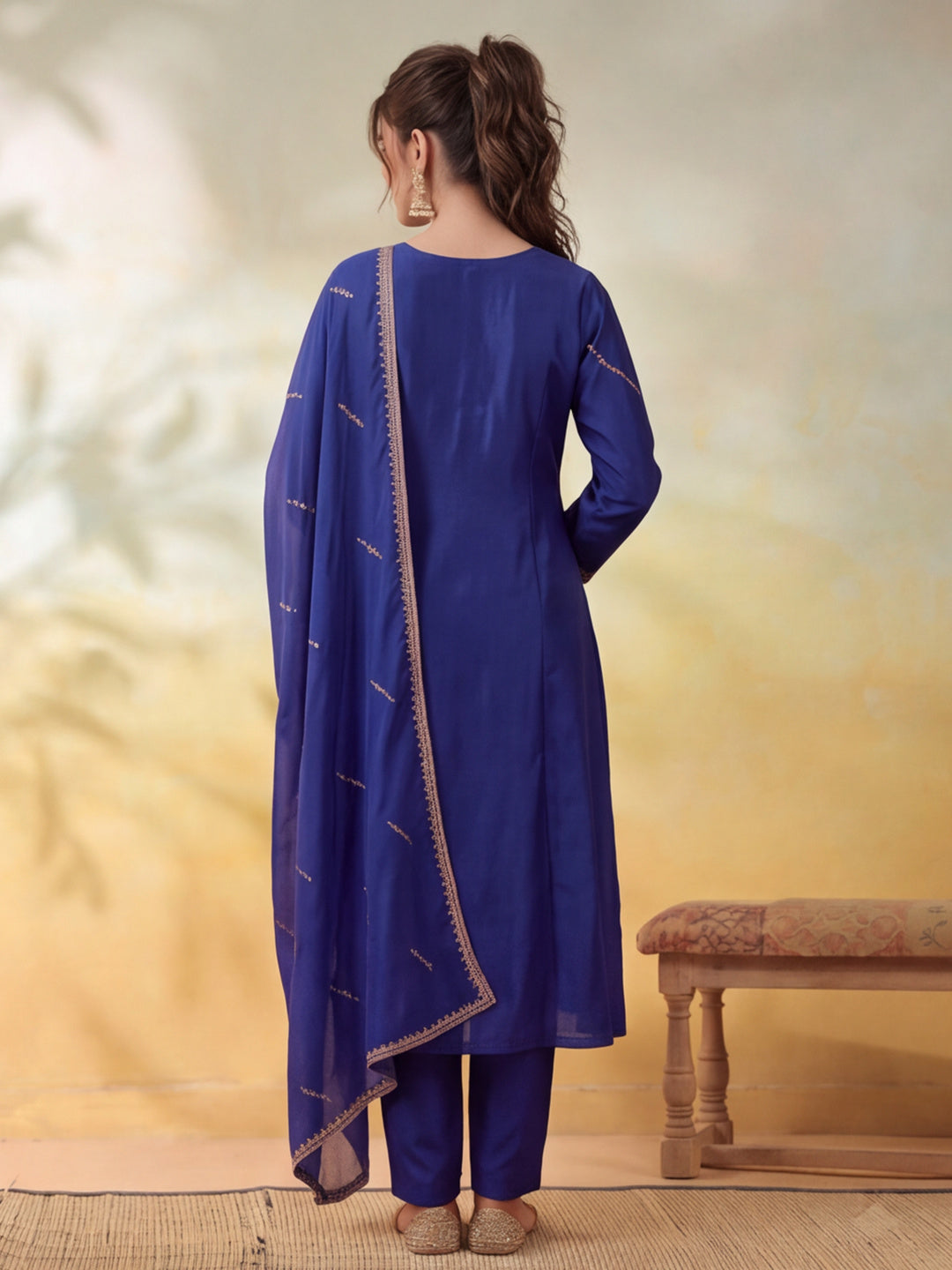 Women Embroidery Royal Blue Kurta Set with Dupatta