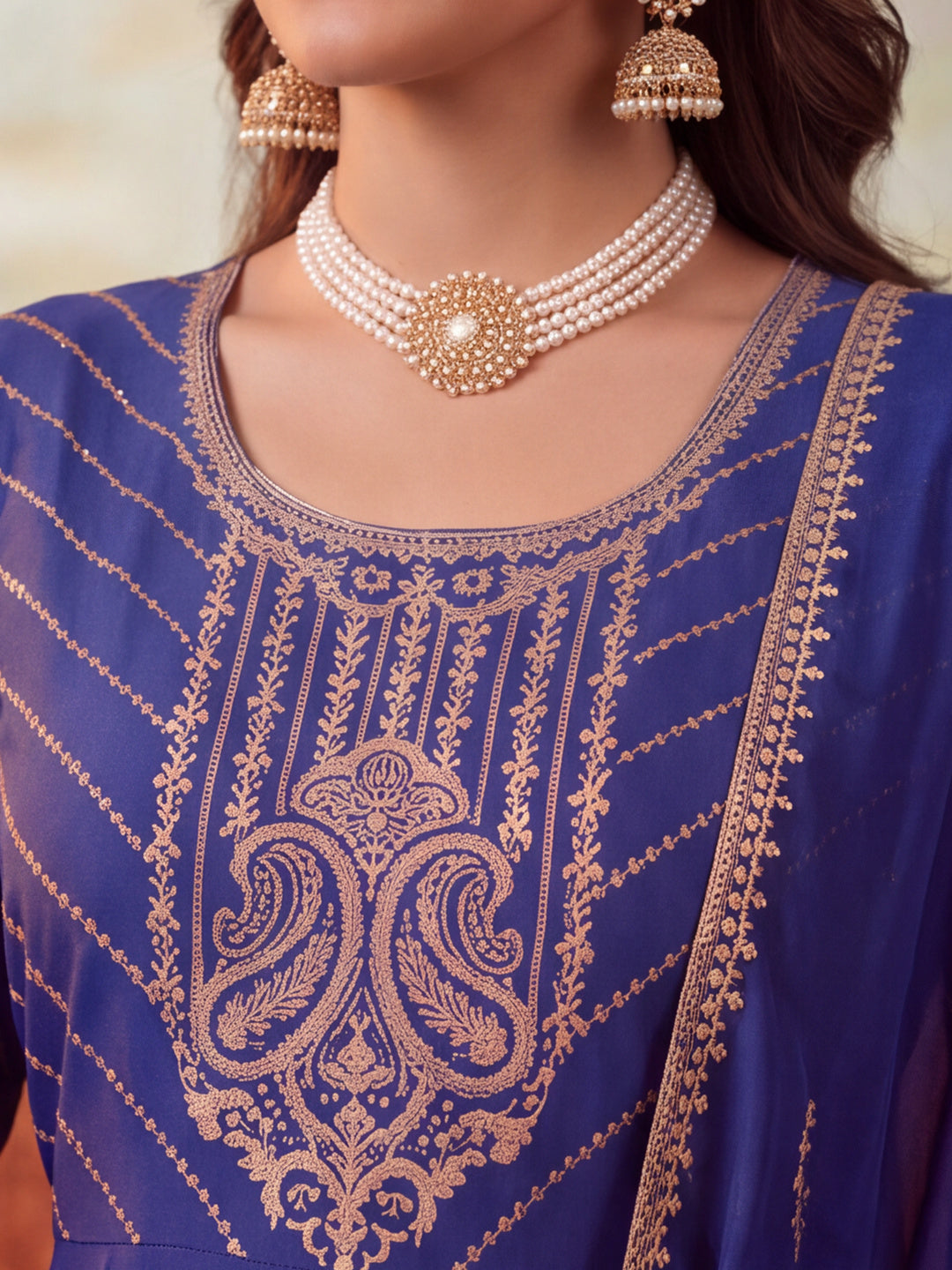 Women Embroidery Royal Blue Kurta Set with Dupatta