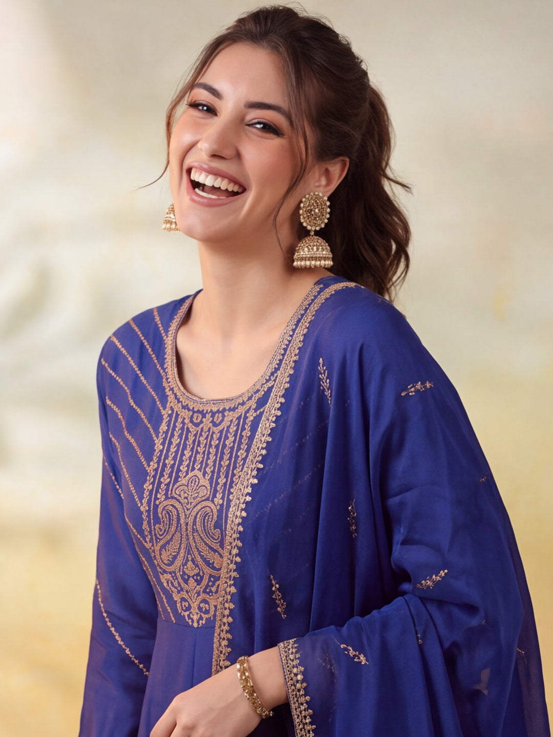 Women Embroidery Royal Blue Kurta Set with Dupatta