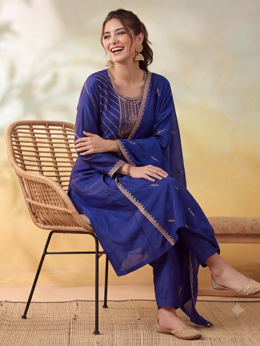 Women Embroidery Royal Blue Kurta Set with Dupatta