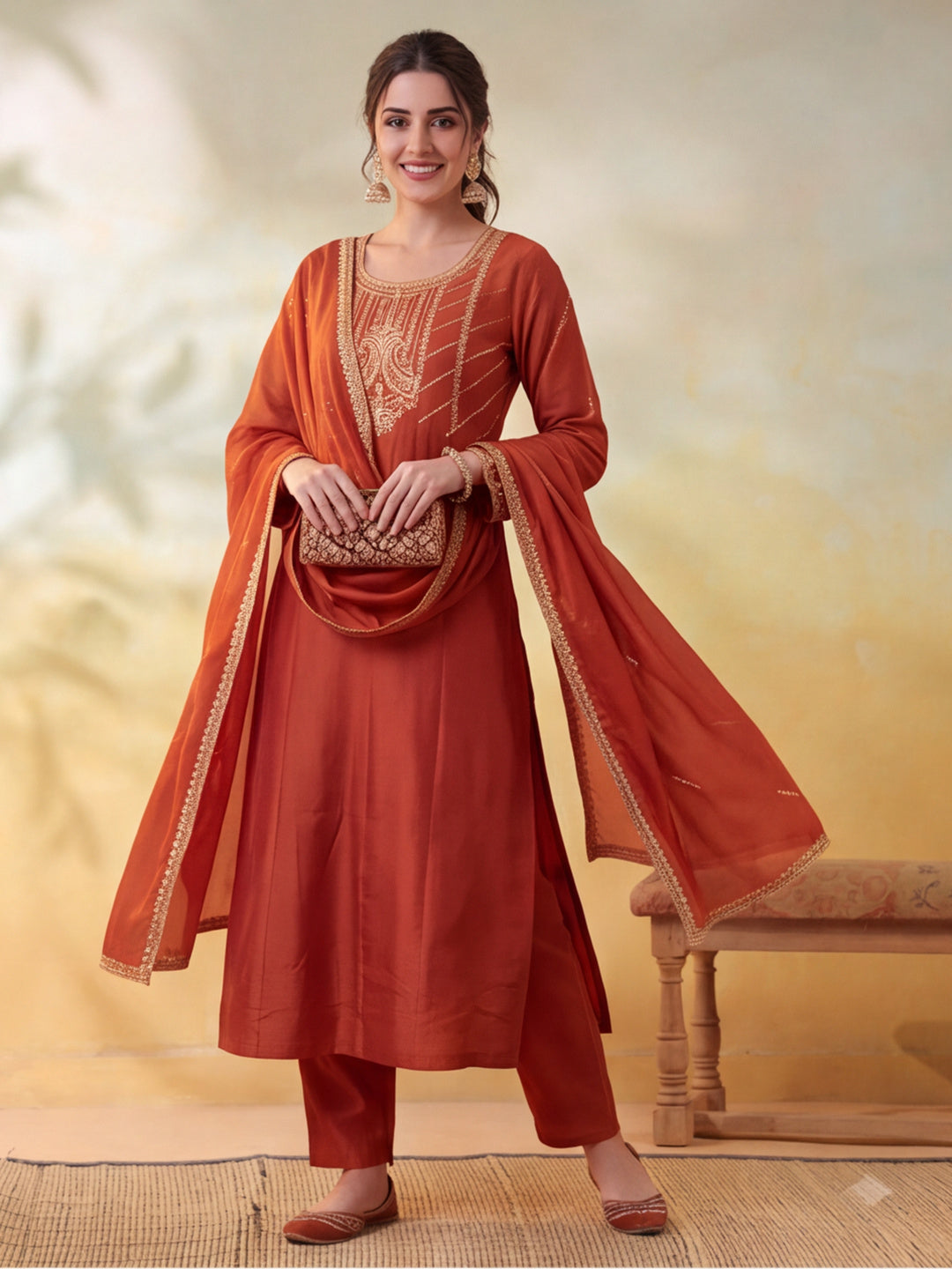 Women Embroidery Rust Kurta Set with Dupatta