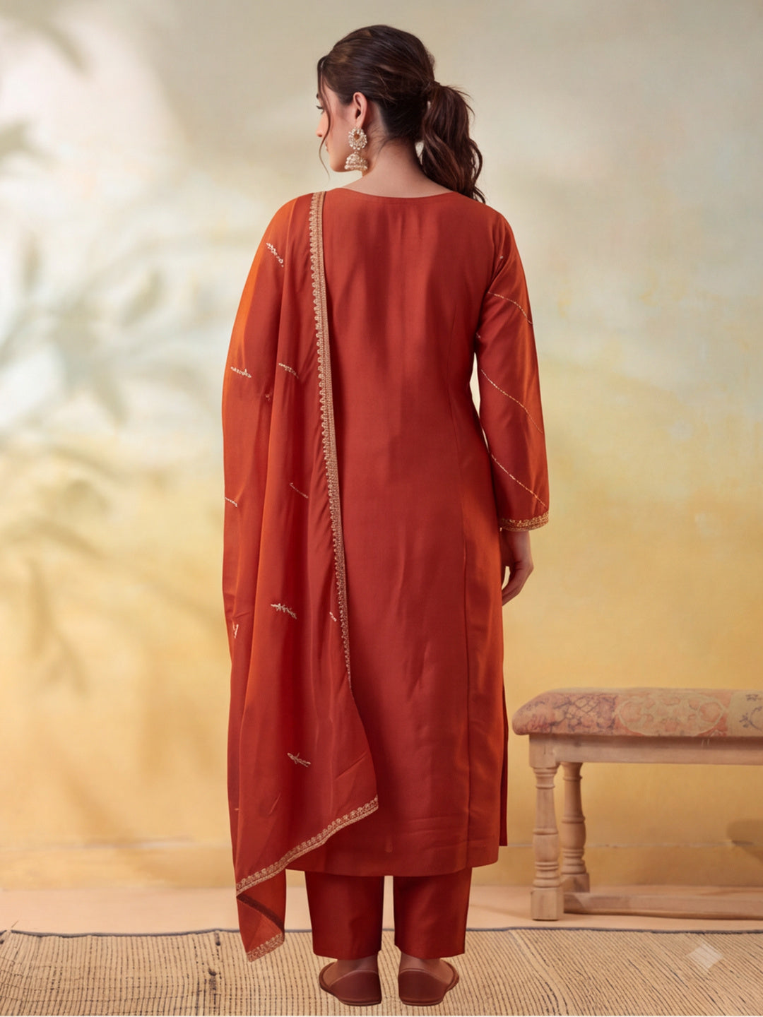Women Embroidery Rust Kurta Set with Dupatta