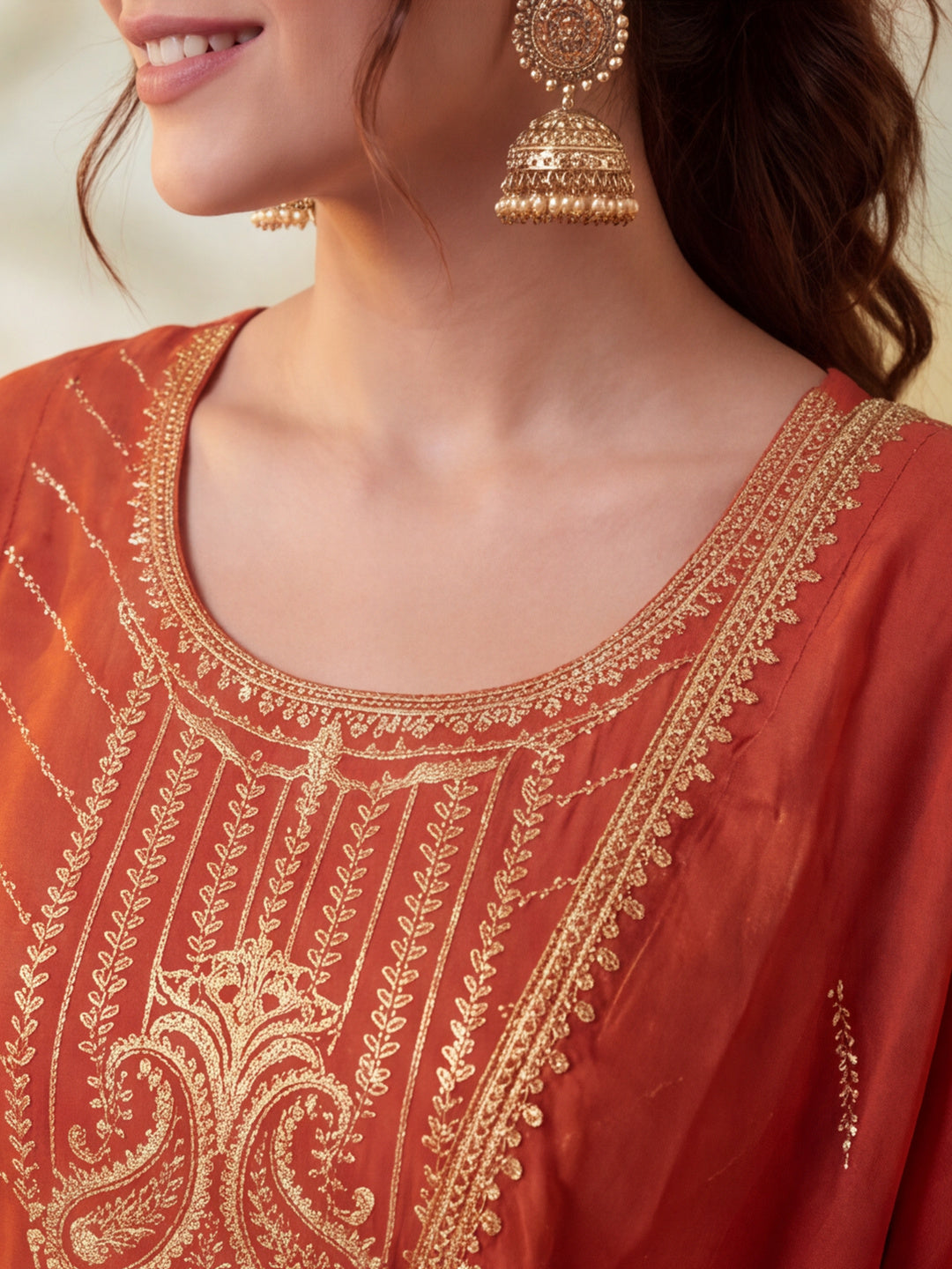 Women Embroidery Rust Kurta Set with Dupatta