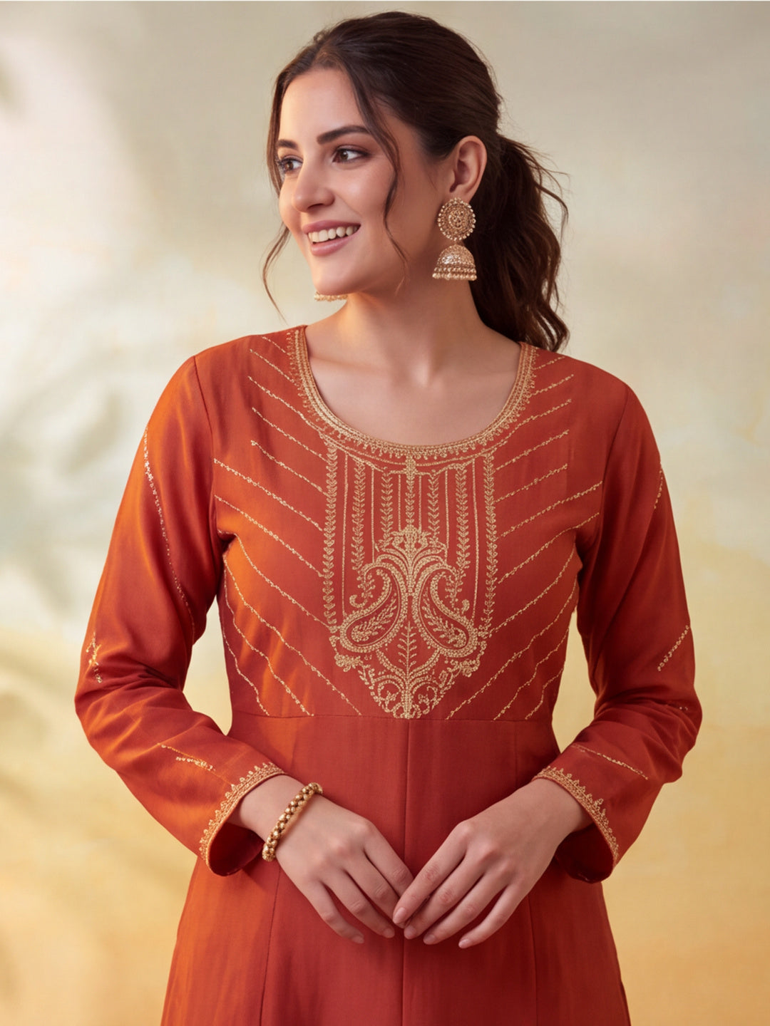 Women Embroidery Rust Kurta Set with Dupatta