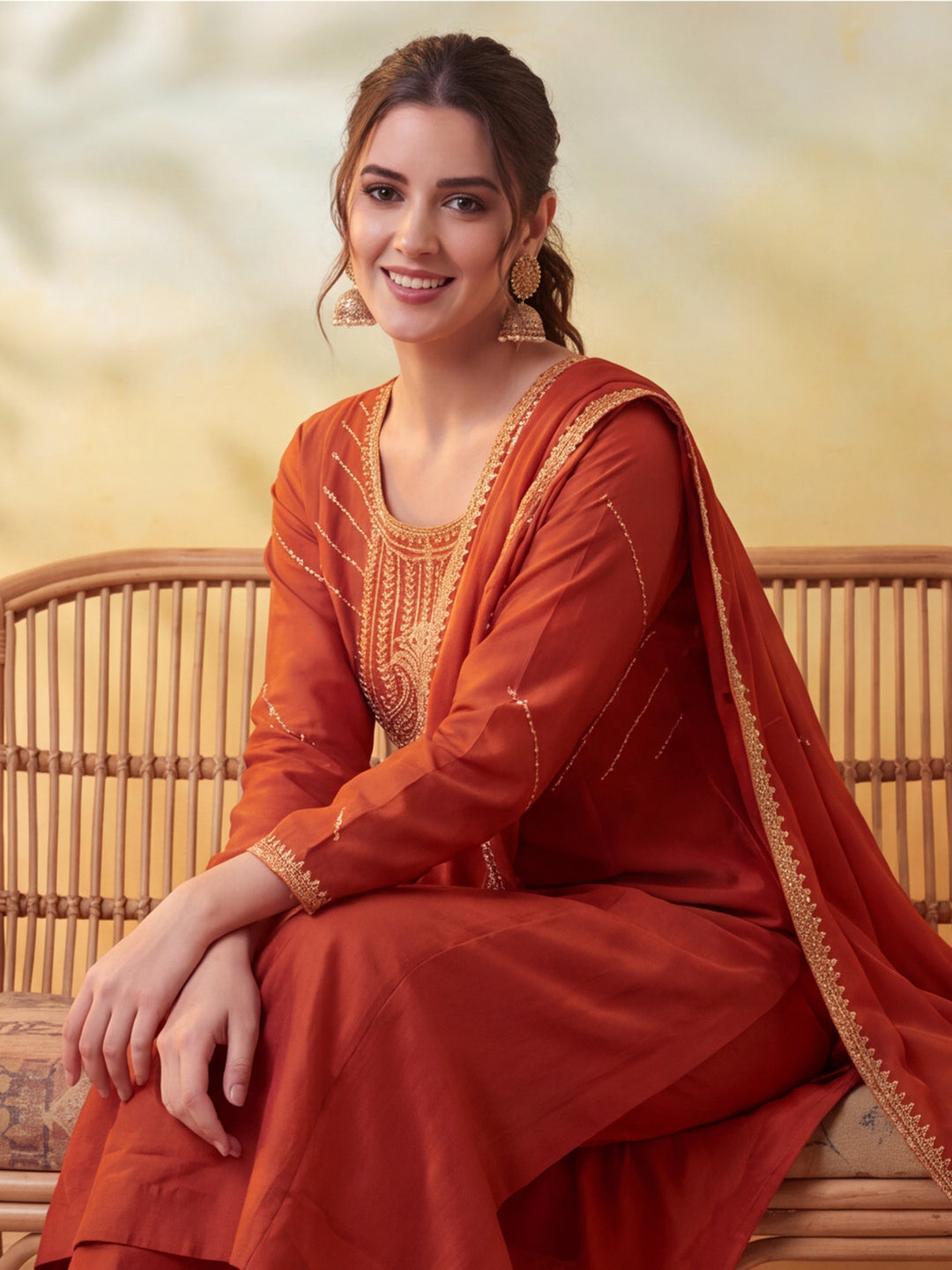 Women Embroidery Rust Kurta Set with Dupatta