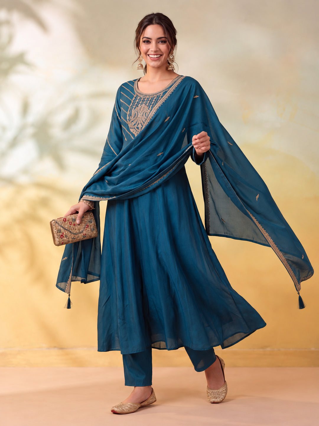 Women Embroidery Teal Kurta Set with Dupatta