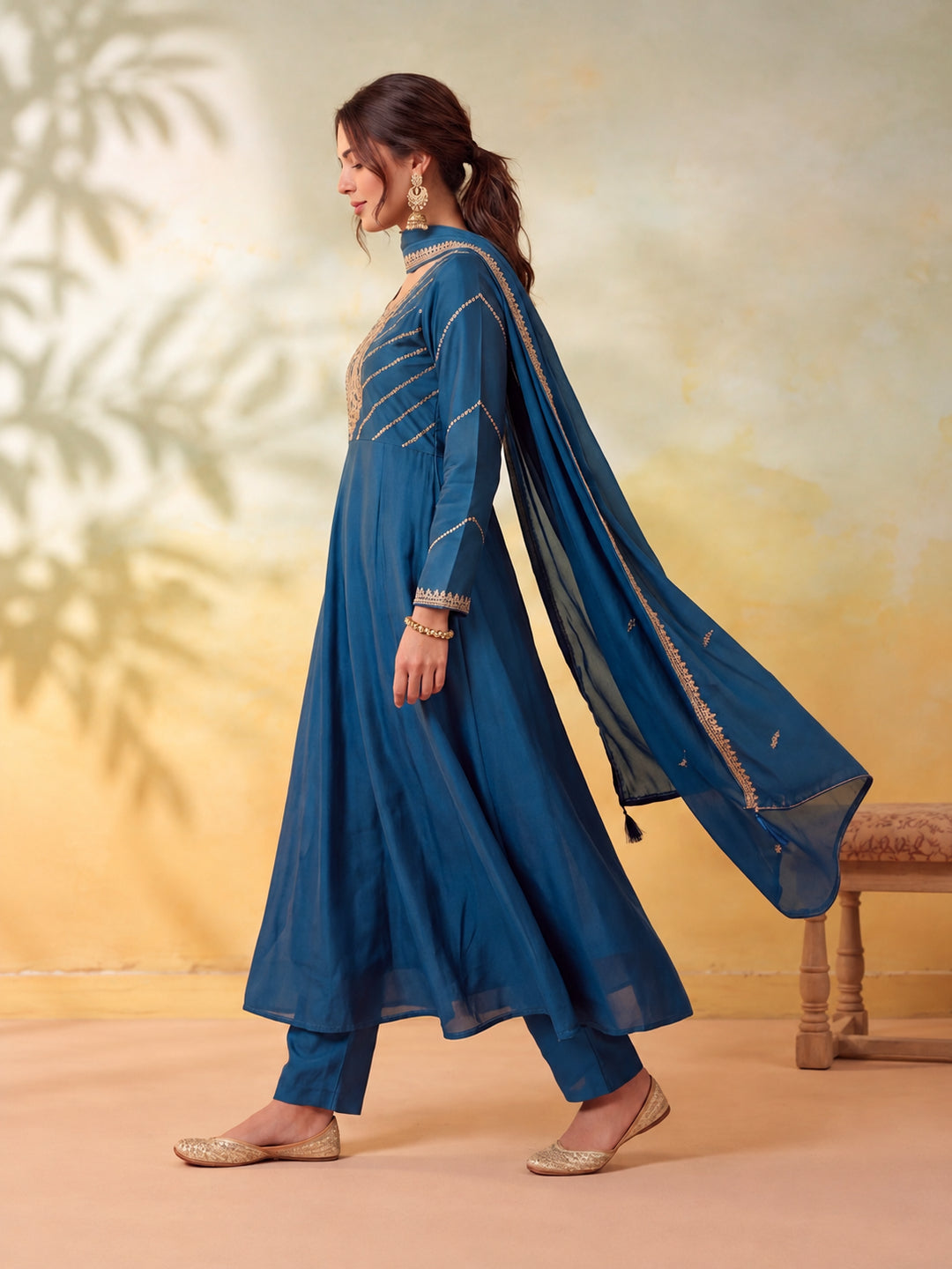 Women Embroidery Teal Kurta Set with Dupatta