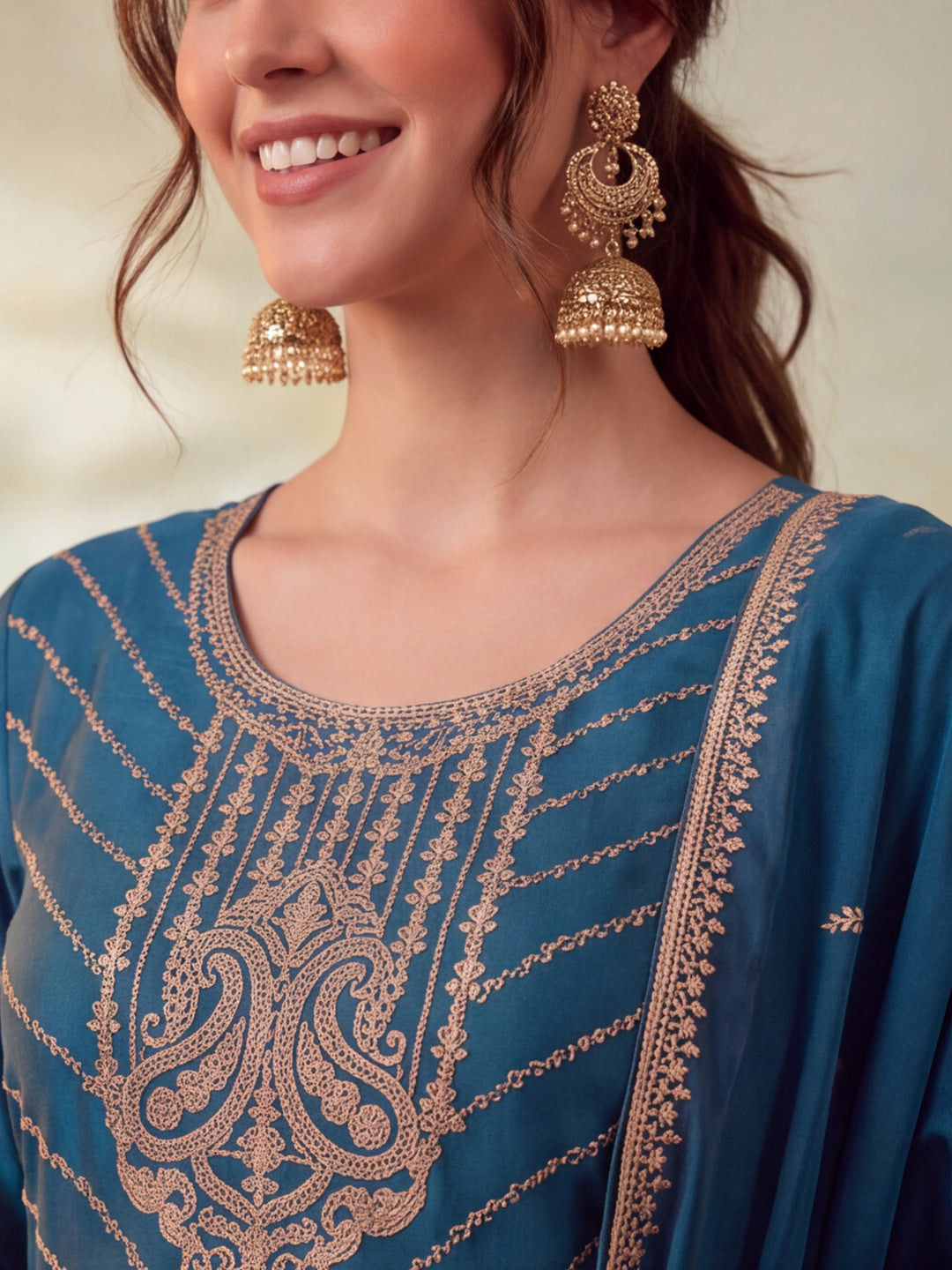 Women Embroidery Teal Kurta Set with Dupatta