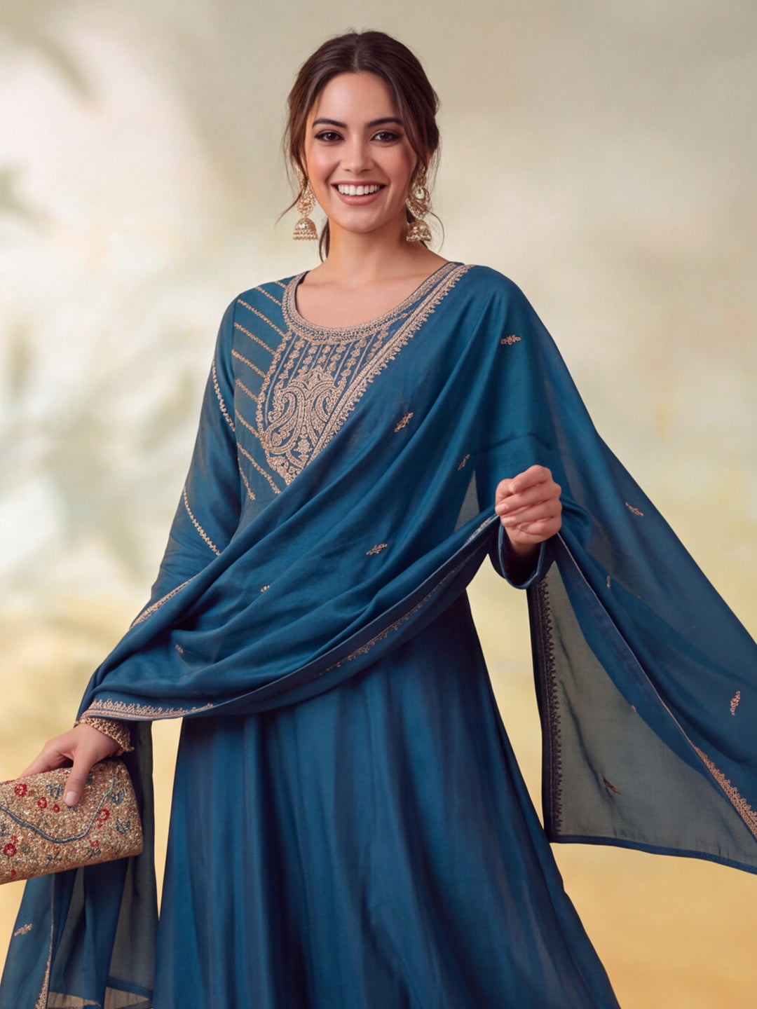 Women Embroidery Teal Kurta Set with Dupatta