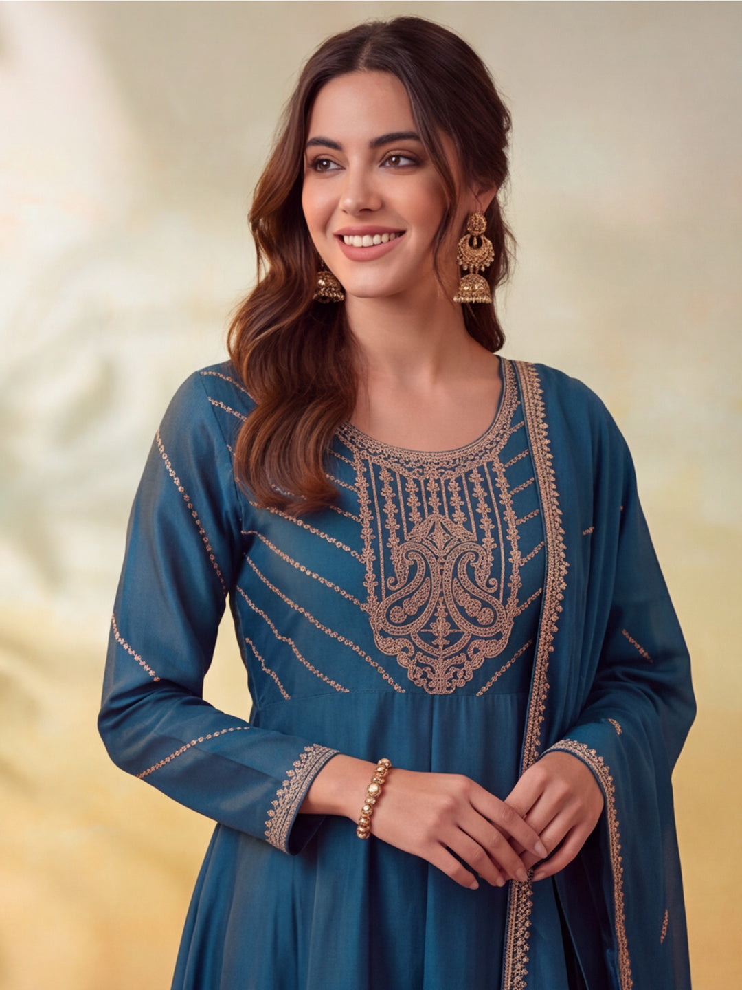 Women Embroidery Teal Kurta Set with Dupatta