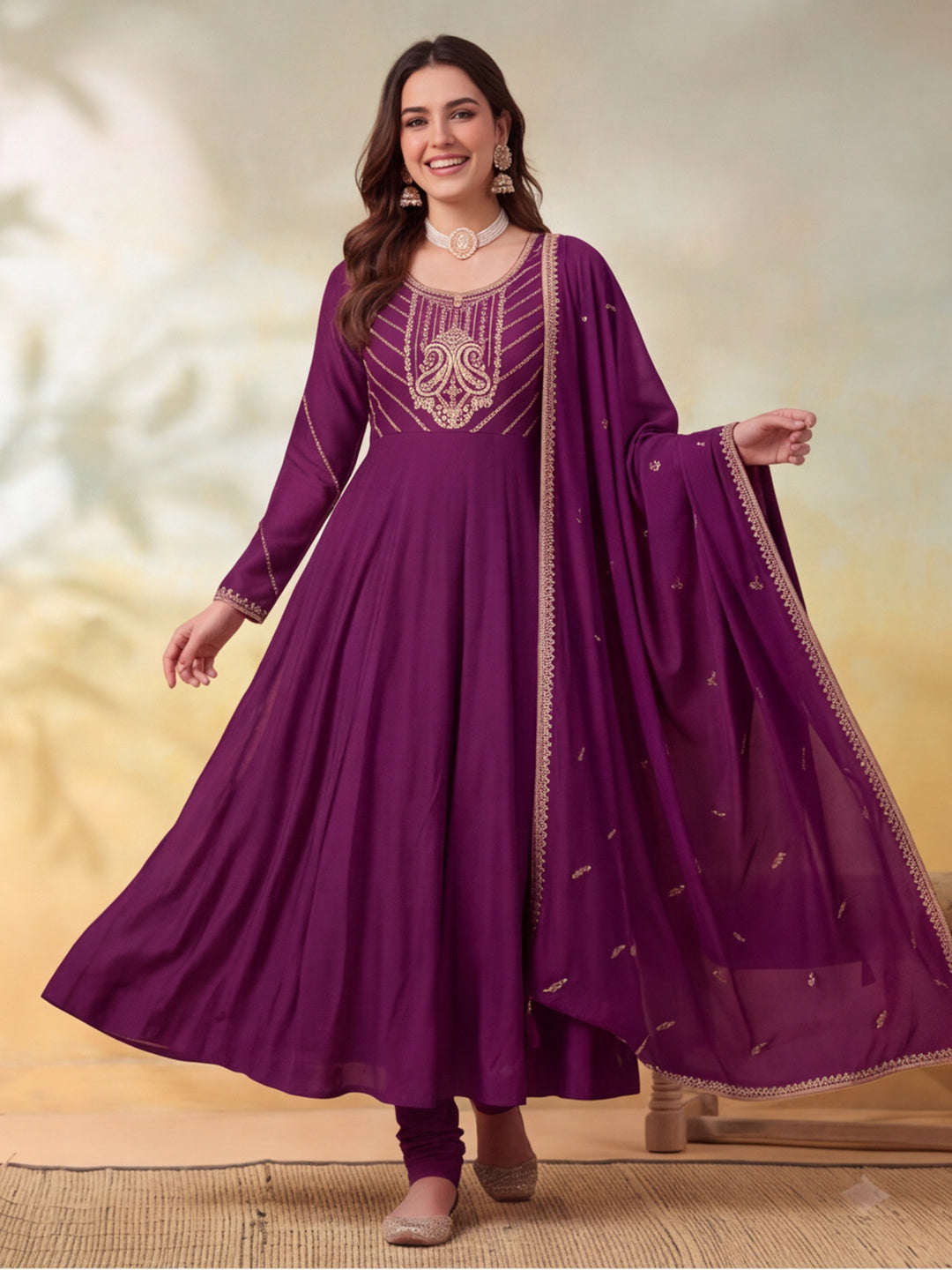 Women Embroidery Wine Kurta Set with Dupatta