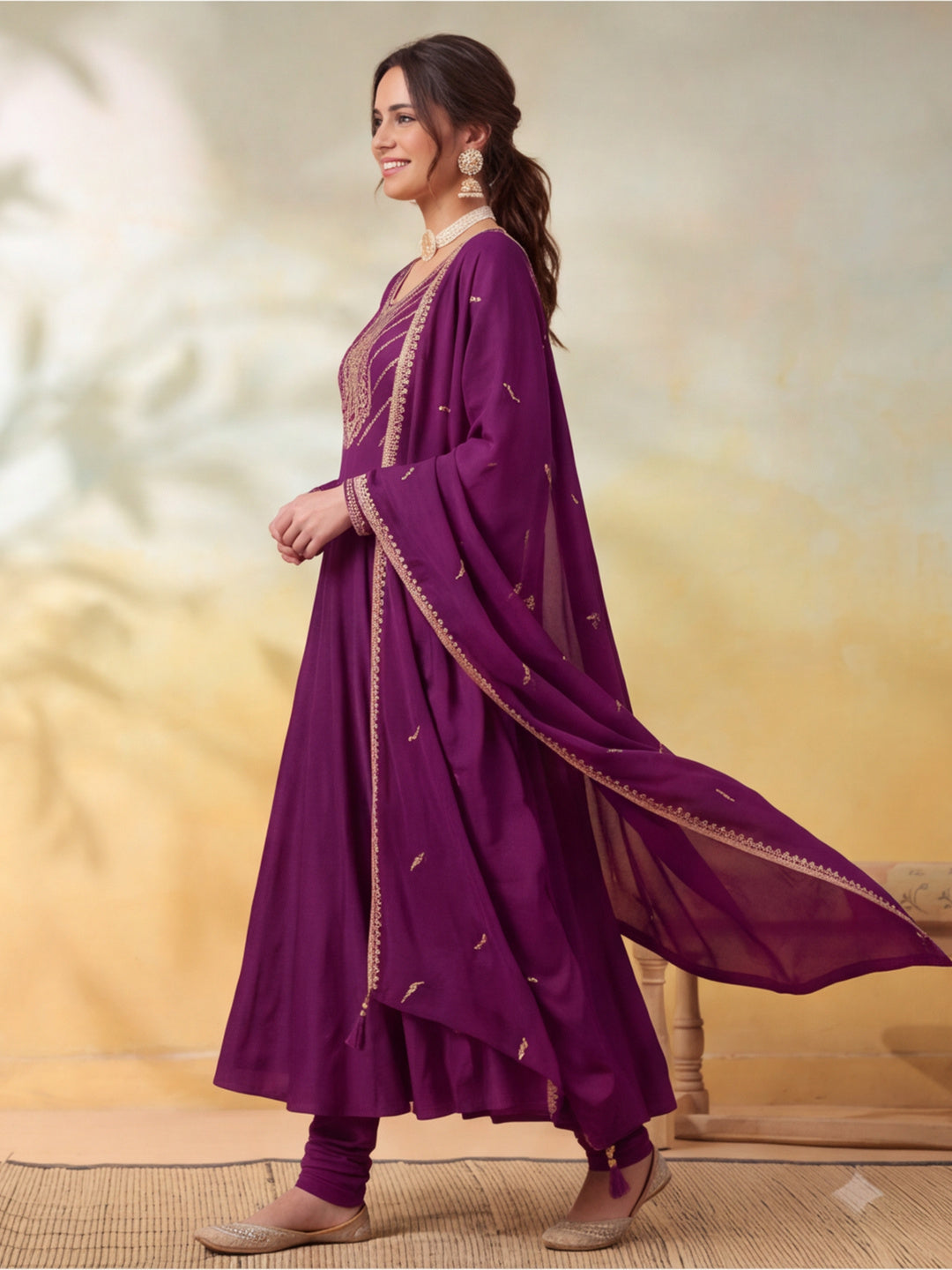 Women Embroidery Wine Kurta Set with Dupatta