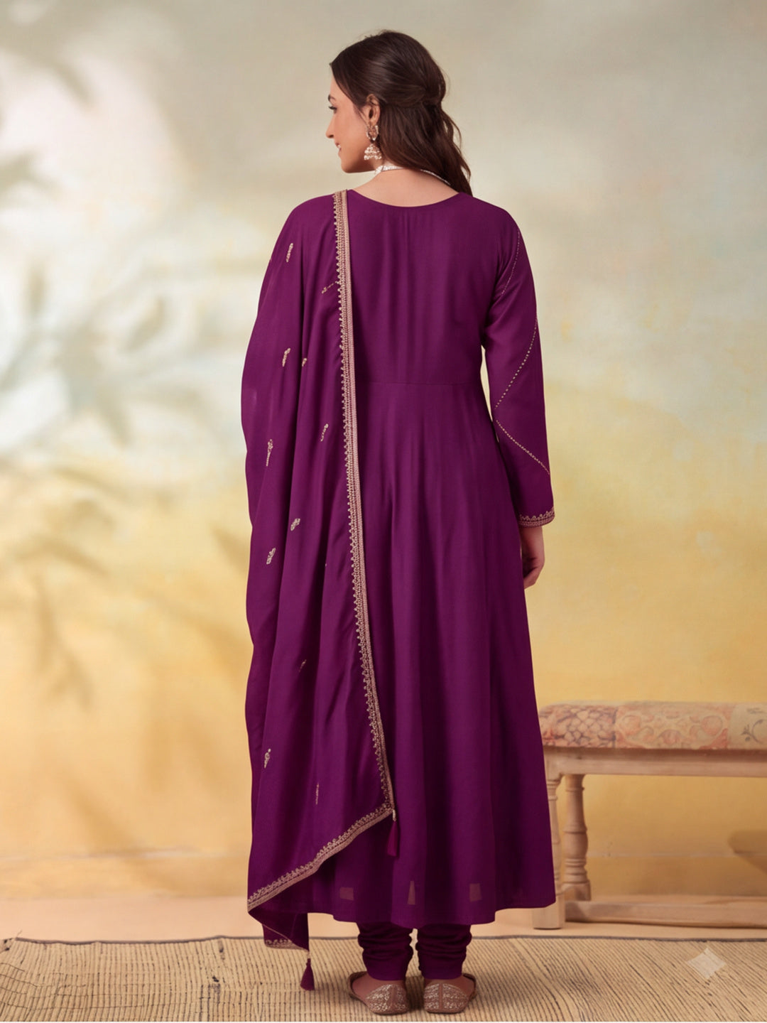 Women Embroidery Wine Kurta Set with Dupatta