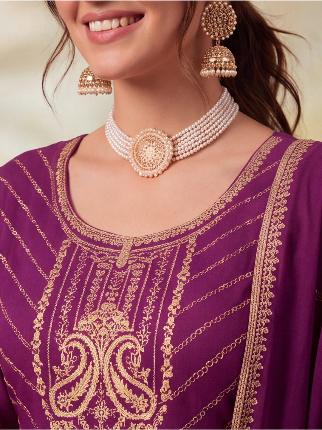 Women Embroidery Wine Kurta Set with Dupatta