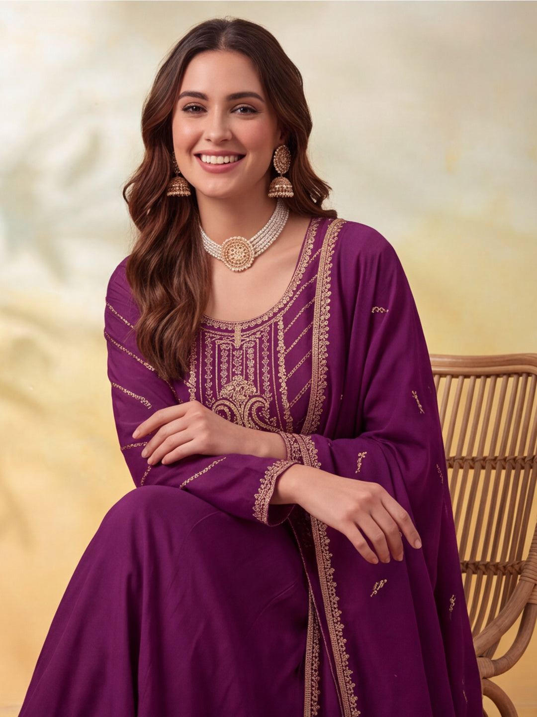 Women Embroidery Wine Kurta Set with Dupatta