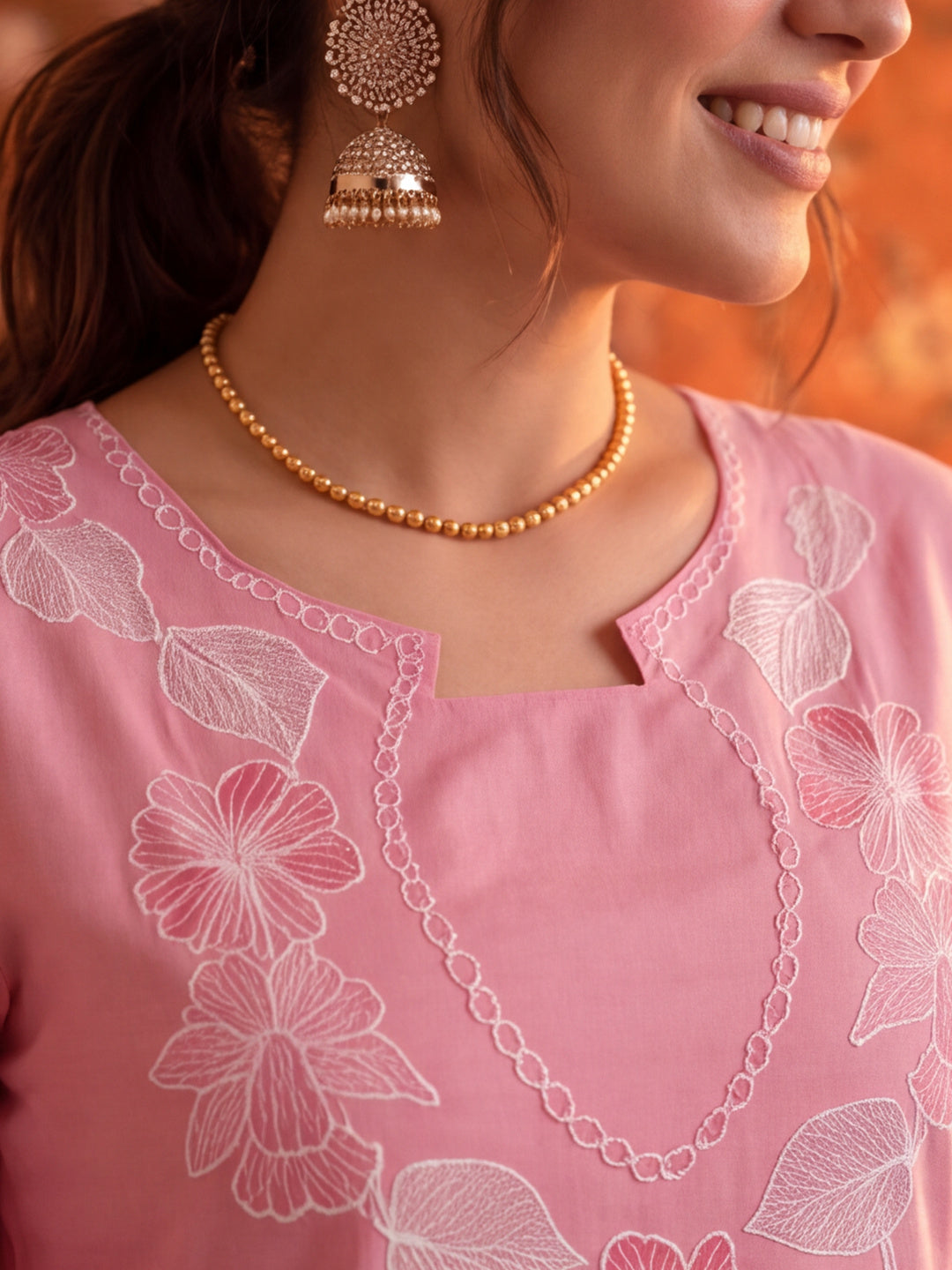 Women Floral Embroidery Pink Kurta Set with Dupatta