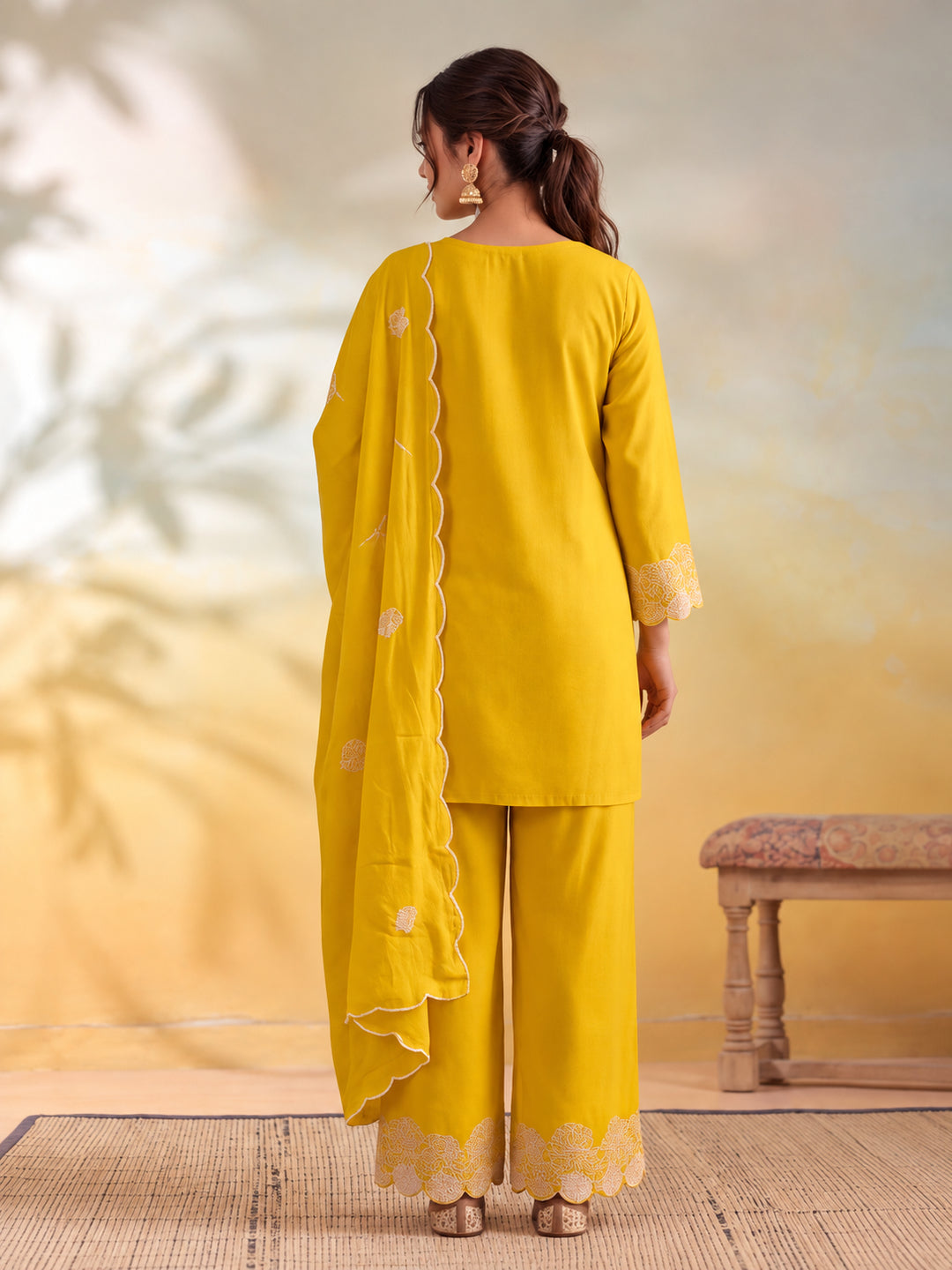 Women Floral Embroidery Yellow Kurta Set with Dupatta