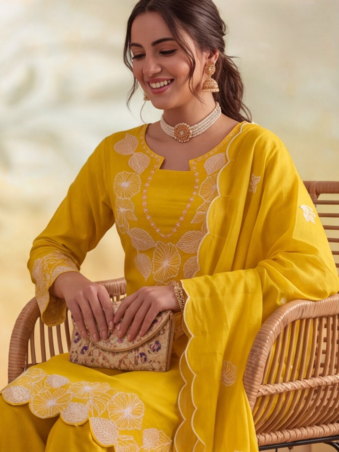 Women Floral Embroidery Yellow Kurta Set with Dupatta