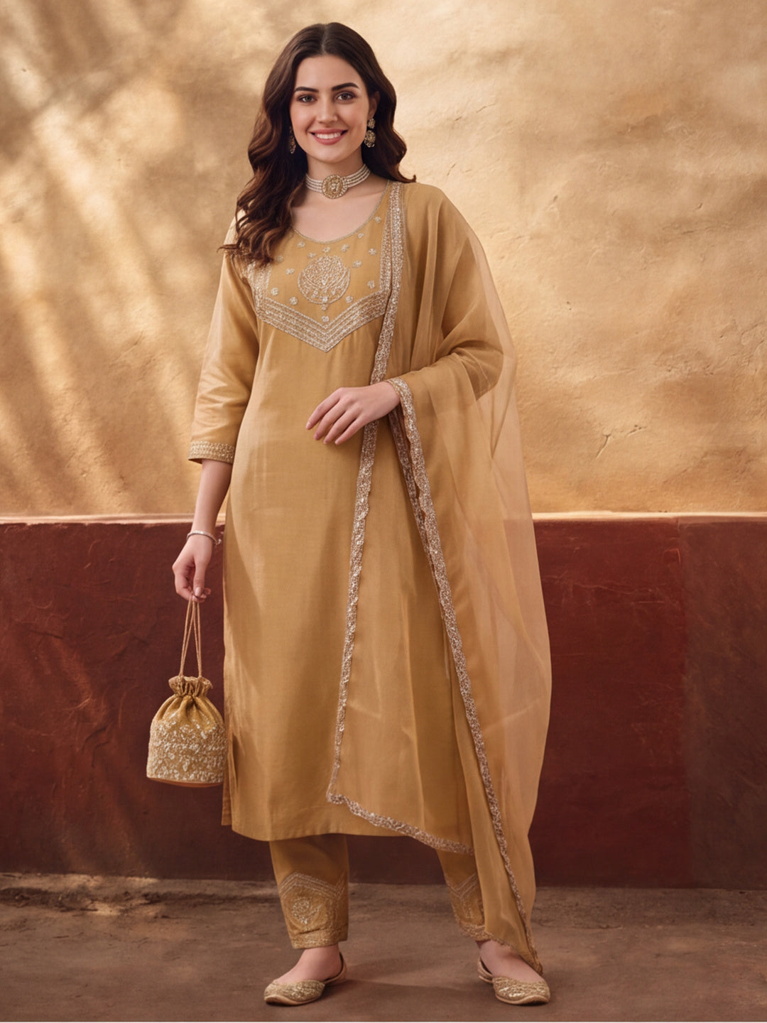 Women's Mustard Embroidered Kurta Set with Dupatta | Festive Straight Ethnic Suit