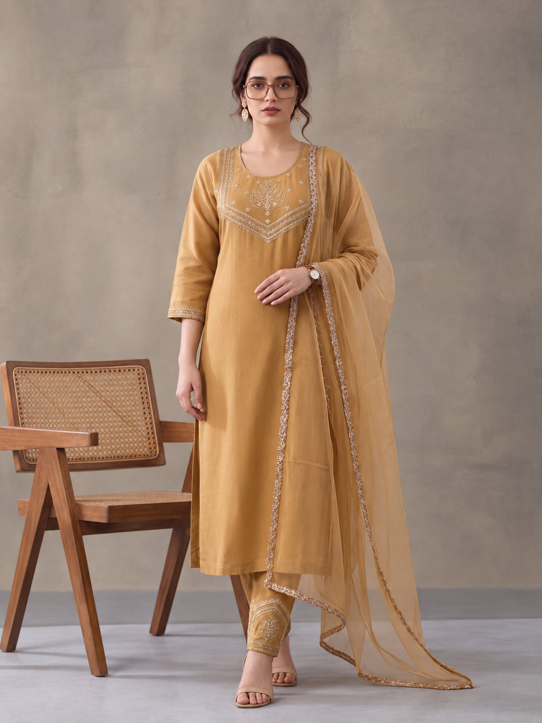 Women's Mustard Embroidered Kurta Set with Dupatta | Festive Straight Ethnic Suit