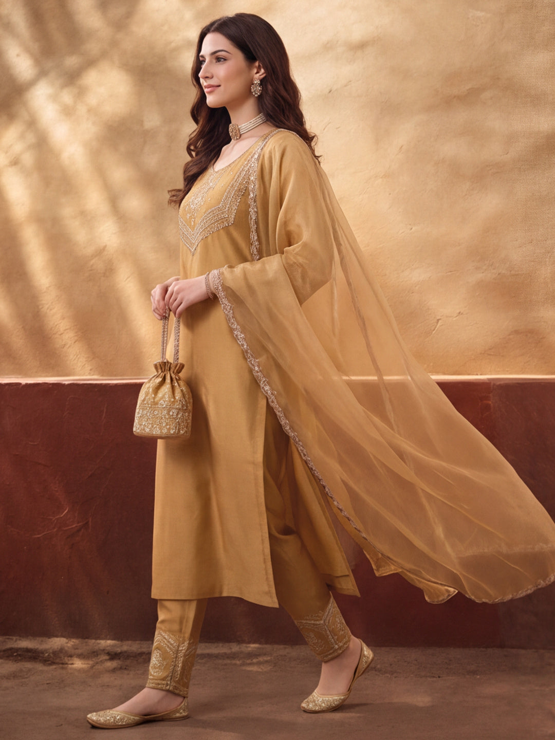 Women's Mustard Embroidered Kurta Set with Dupatta | Festive Straight Ethnic Suit