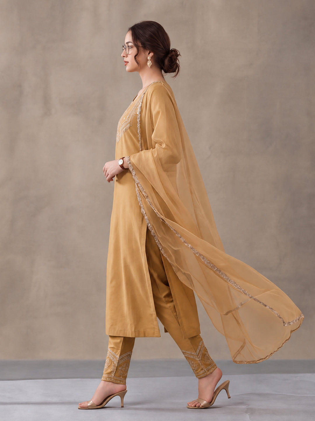 Women's Mustard Embroidered Kurta Set with Dupatta | Festive Straight Ethnic Suit