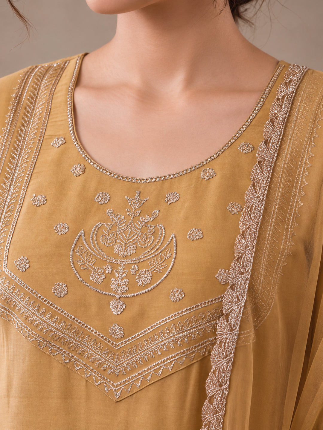 Women's Mustard Embroidered Kurta Set with Dupatta | Festive Straight Ethnic Suit