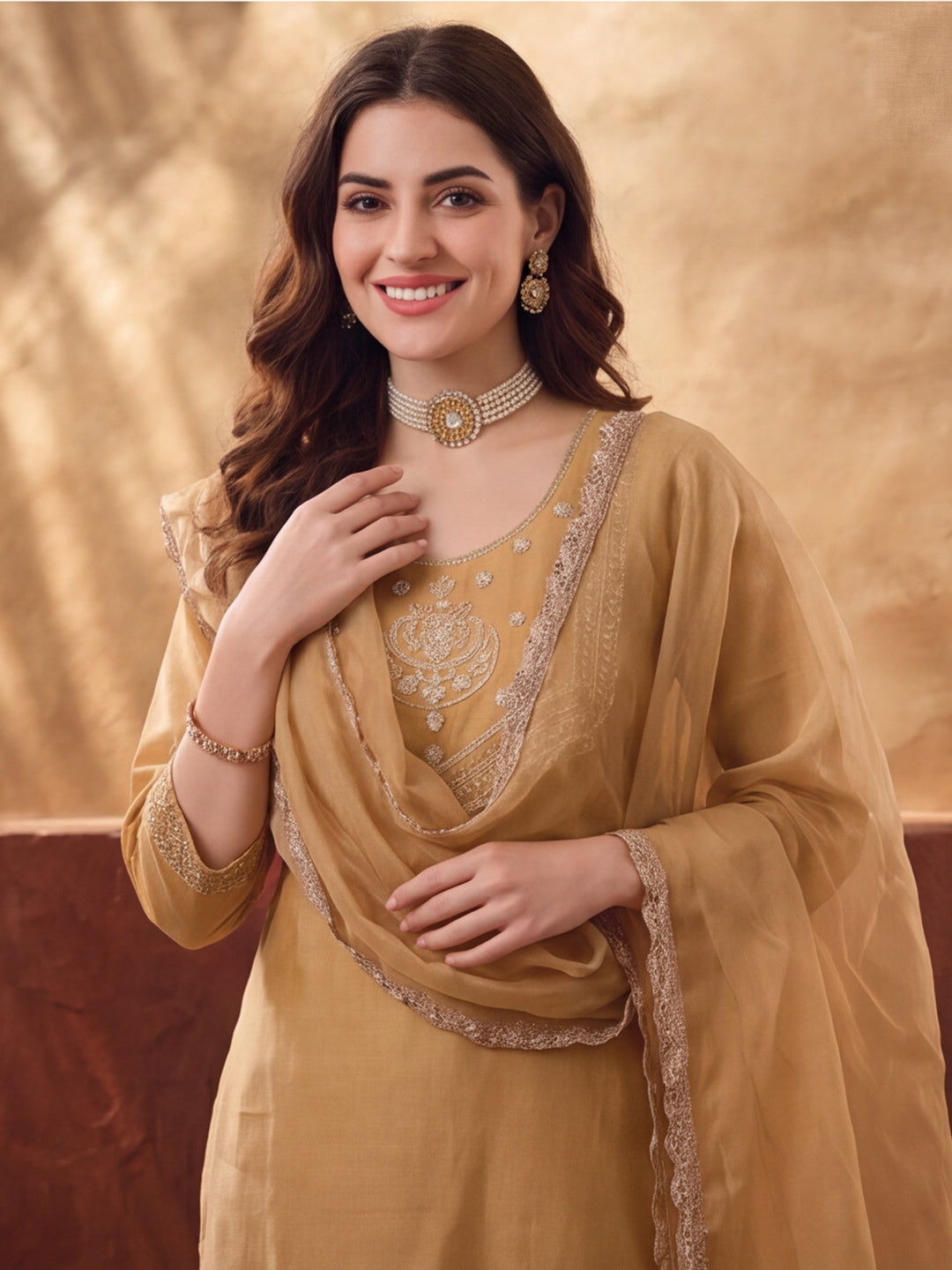 Women's Mustard Embroidered Kurta Set with Dupatta | Festive Straight Ethnic Suit