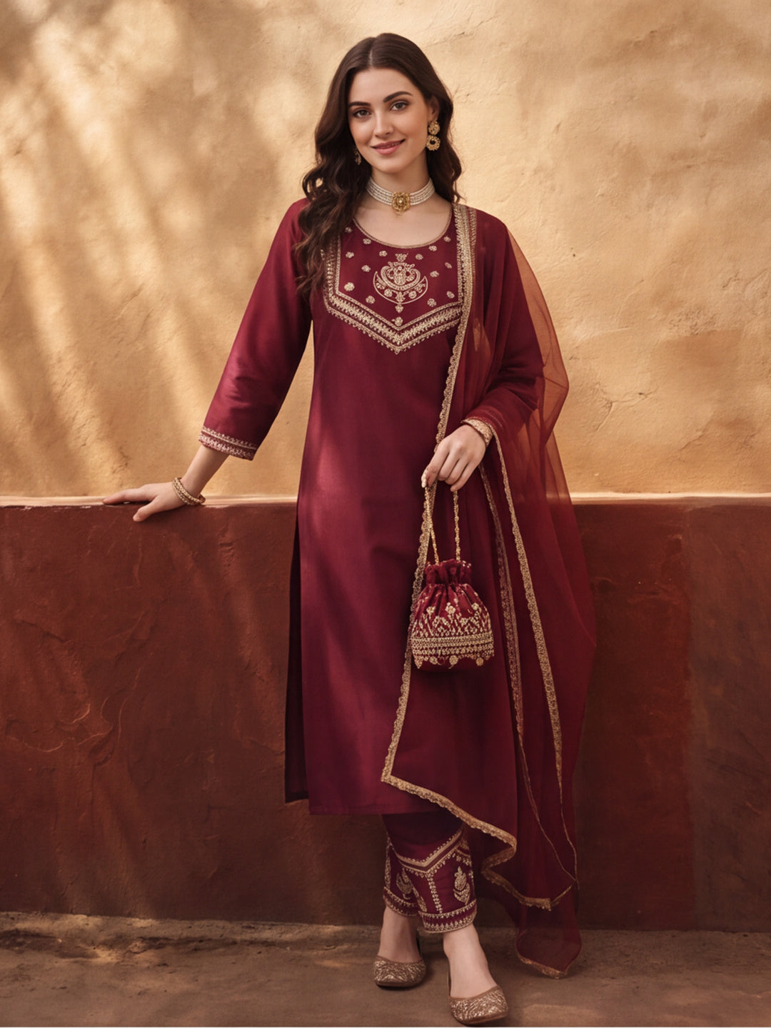 Women's Maroon Embroidered Kurta Set with Dupatta | Festive Straight Ethnic Suit