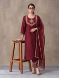 Women's Maroon Embroidered Kurta Set with Dupatta | Festive Straight Ethnic Suit