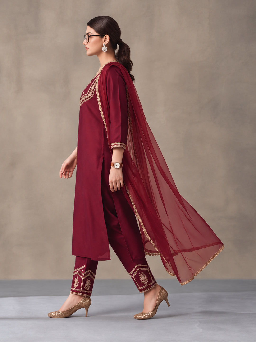 Women's Maroon Embroidered Kurta Set with Dupatta | Festive Straight Ethnic Suit