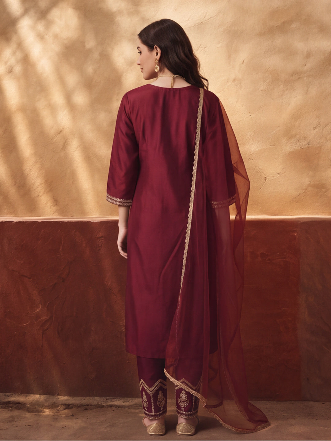 Women's Maroon Embroidered Kurta Set with Dupatta | Festive Straight Ethnic Suit