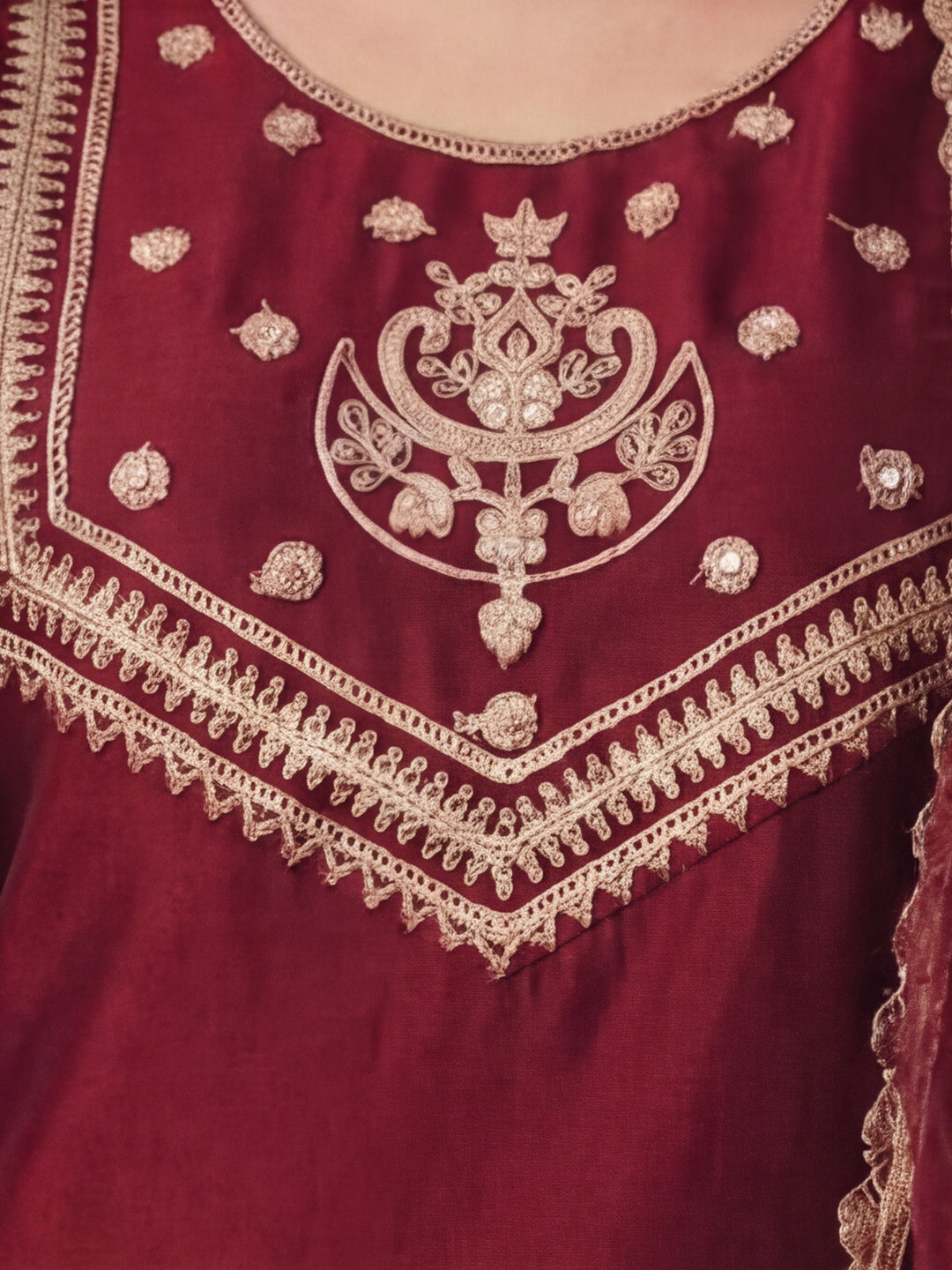 Women's Maroon Embroidered Kurta Set with Dupatta | Festive Straight Ethnic Suit