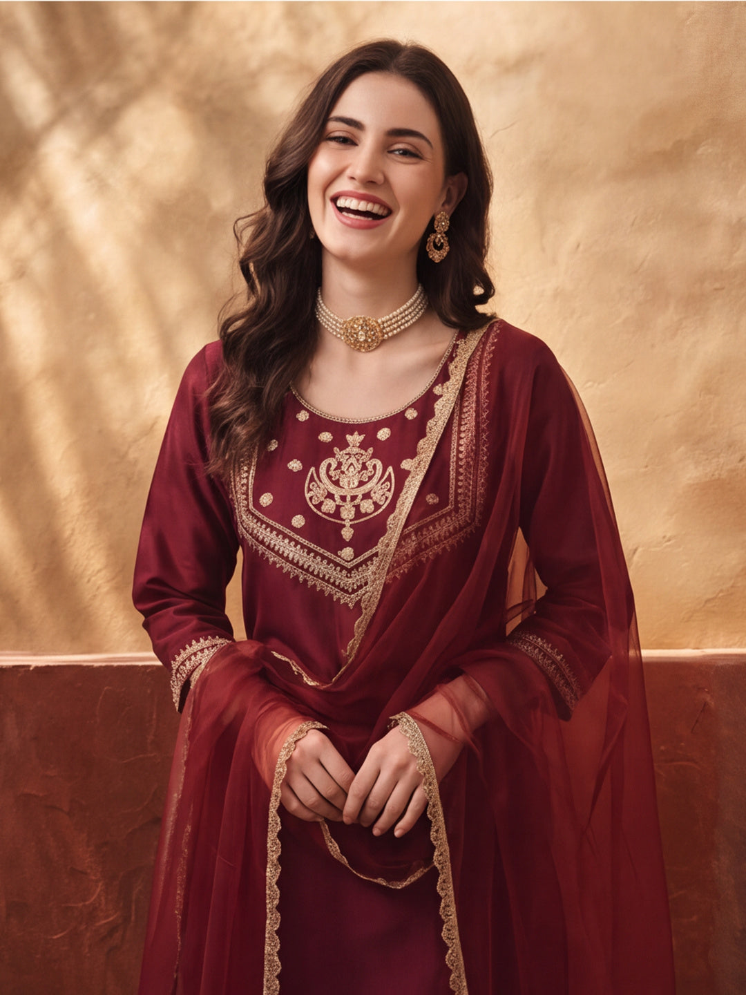 Women's Maroon Embroidered Kurta Set with Dupatta | Festive Straight Ethnic Suit