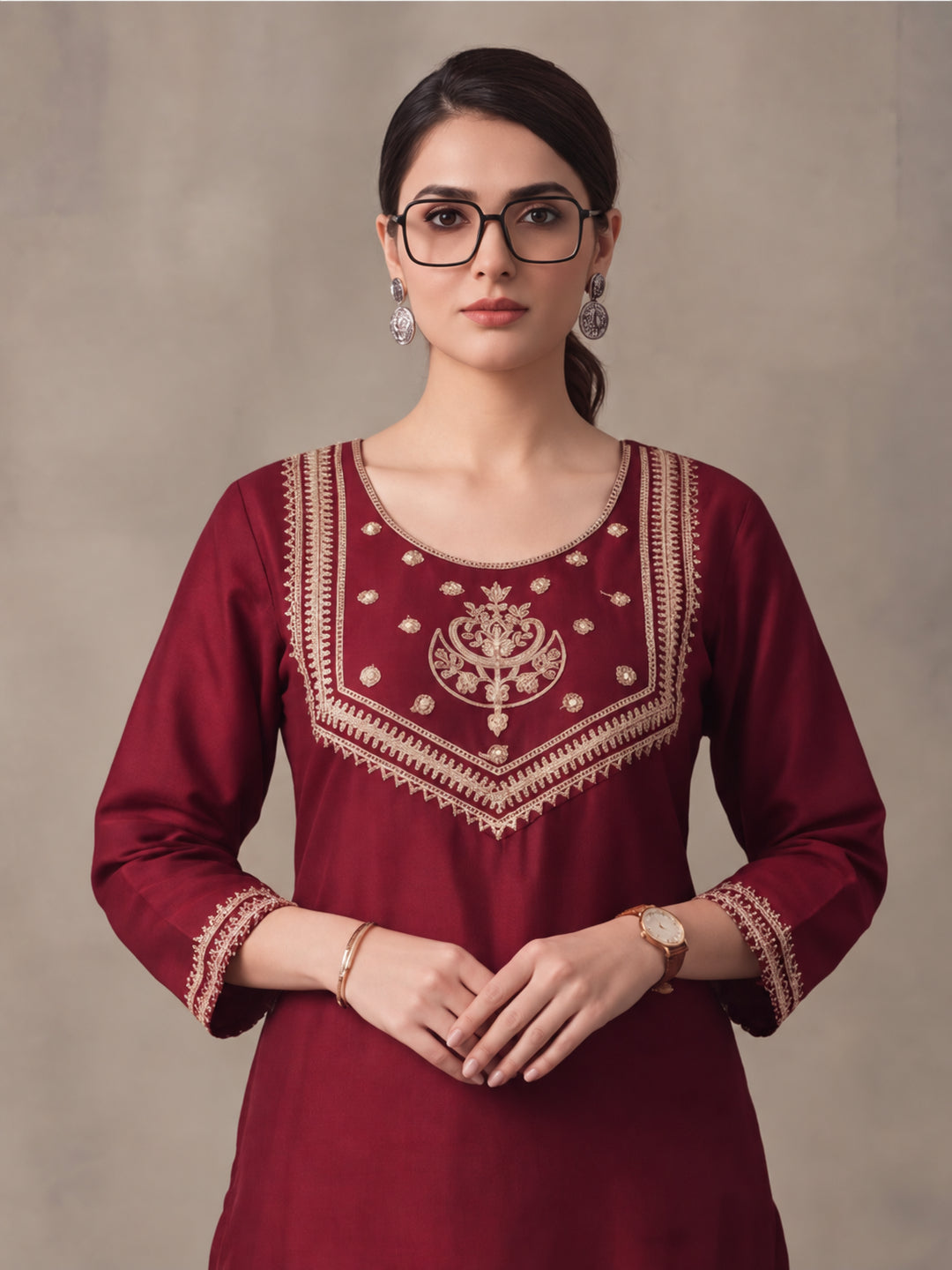 Women's Maroon Embroidered Kurta Set with Dupatta | Festive Straight Ethnic Suit