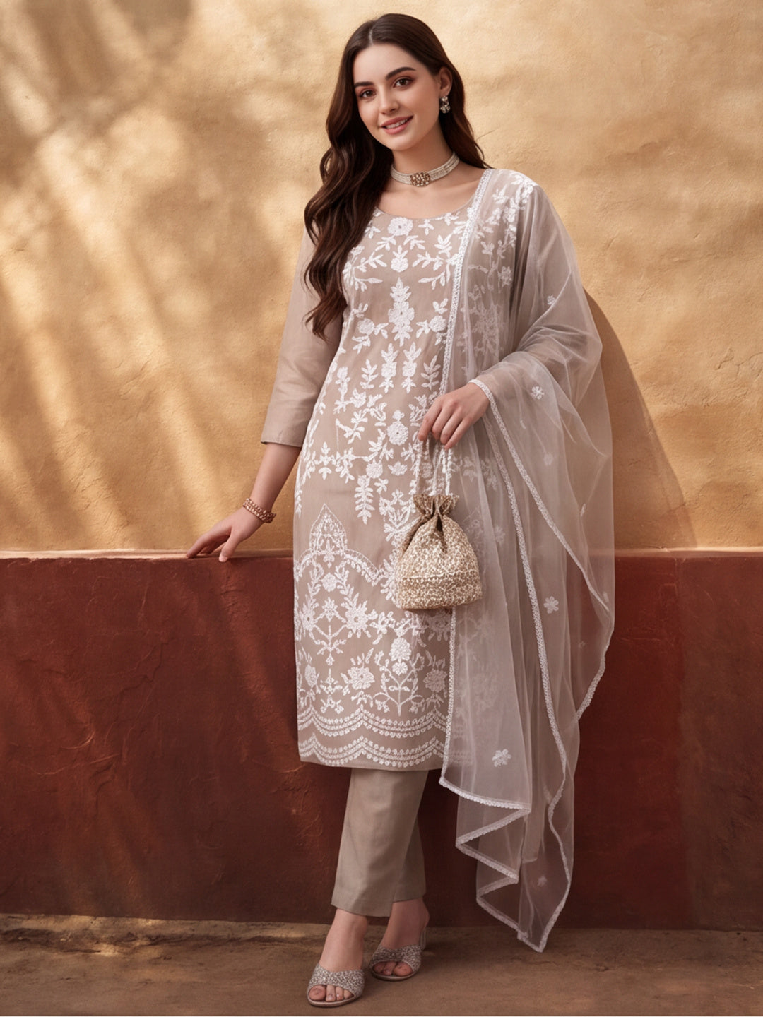 Women's Beige Heavy Embroidered Kurta Set with Dupatta | Elegant Festive Ethnic Suit