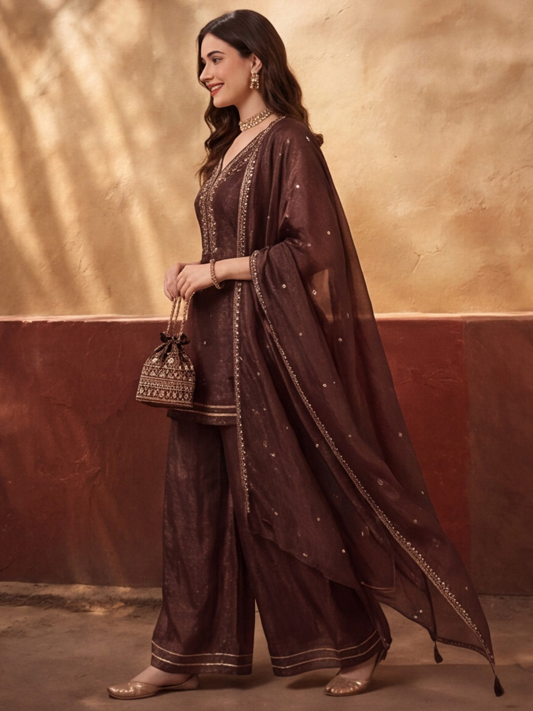 Women's Brown Embroidered Kurta Sharara Set with Dupatta | Festive Ethnic Party Wear Suit