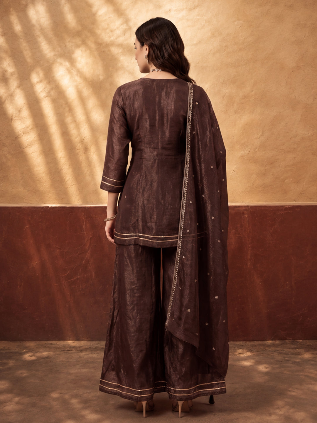 Women's Brown Embroidered Kurta Sharara Set with Dupatta | Festive Ethnic Party Wear Suit
