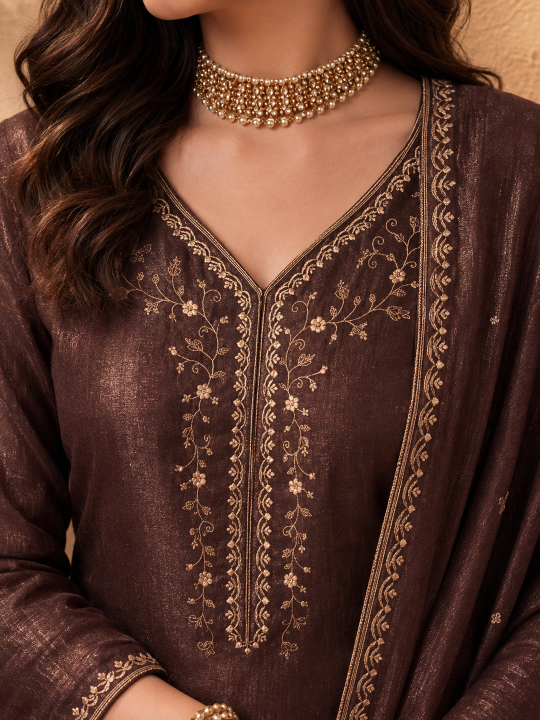Women's Brown Embroidered Kurta Sharara Set with Dupatta | Festive Ethnic Party Wear Suit