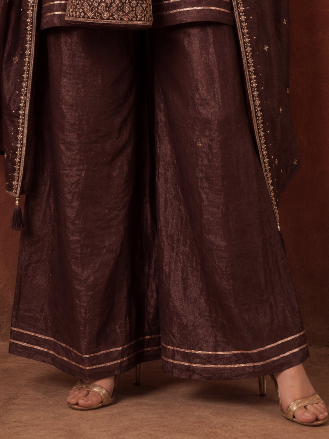 Women's Brown Embroidered Kurta Sharara Set with Dupatta | Festive Ethnic Party Wear Suit