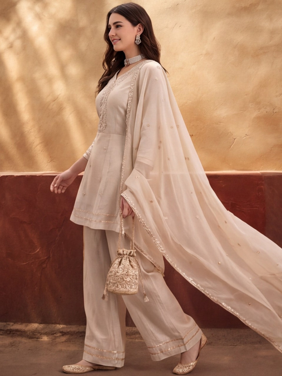 Women's Cream Embroidered Kurta Sharara Set with Dupatta | Festive Ethnic Party Wear Suit
