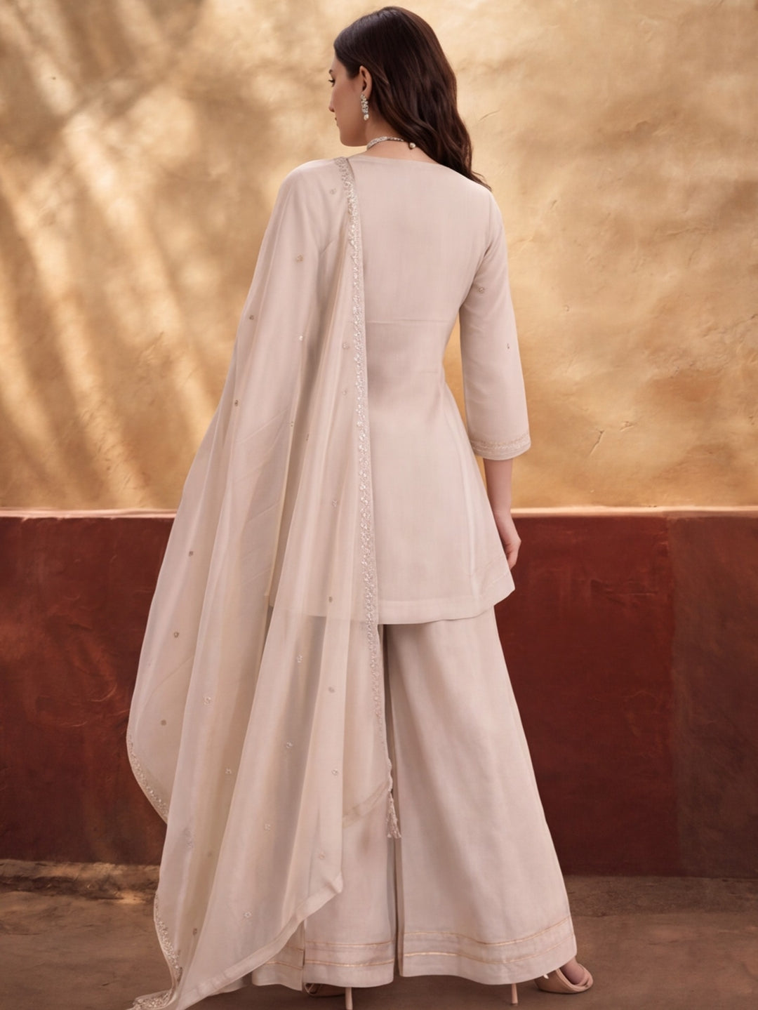 Women's Cream Embroidered Kurta Sharara Set with Dupatta | Festive Ethnic Party Wear Suit